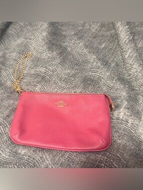 Coach Pink Pebbled Leather Wristlet with Gold Chain